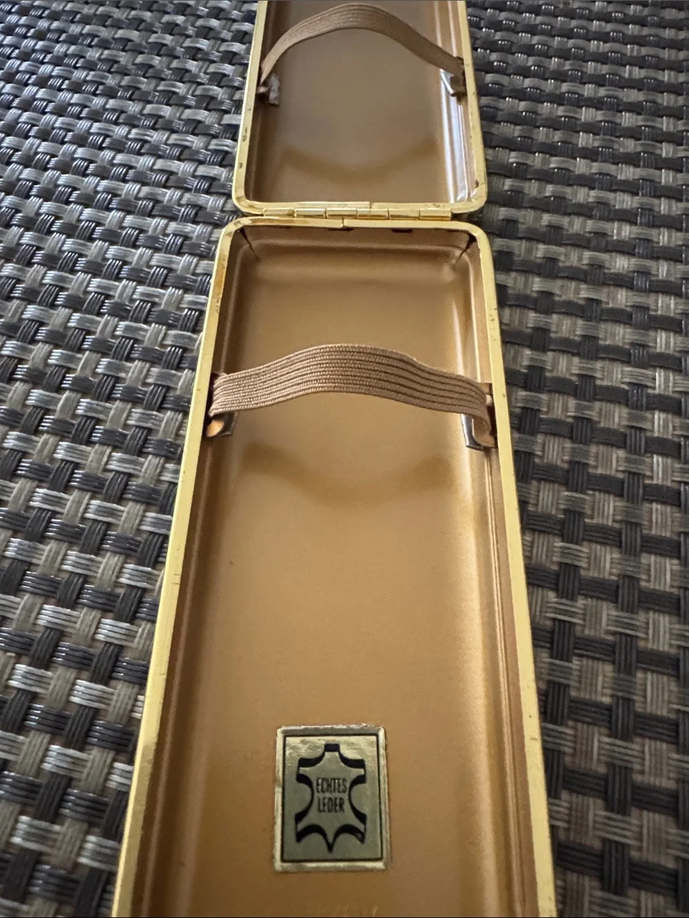 Beautiful Vintage Made In Germany Black Leather and Gold Trim Cigarette Case.